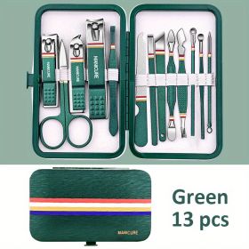 Premium Manicure Set - Stainless Steel Toe & Finger Nail Clippers, Files & Cutters - Perfect for Men & Women! (Color: Green 13 In 1)